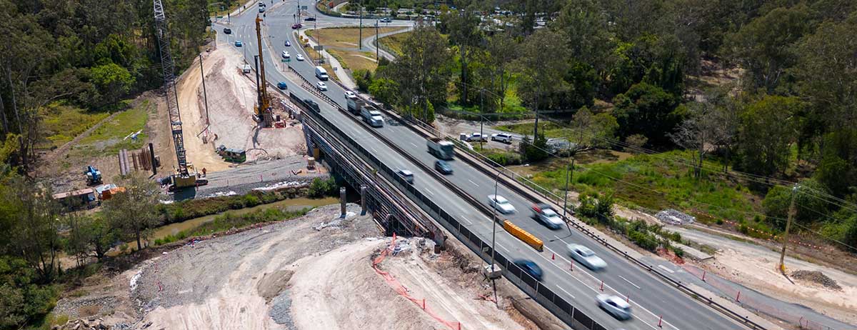 Aerial view showing the bridge under construction on Loganlea Road