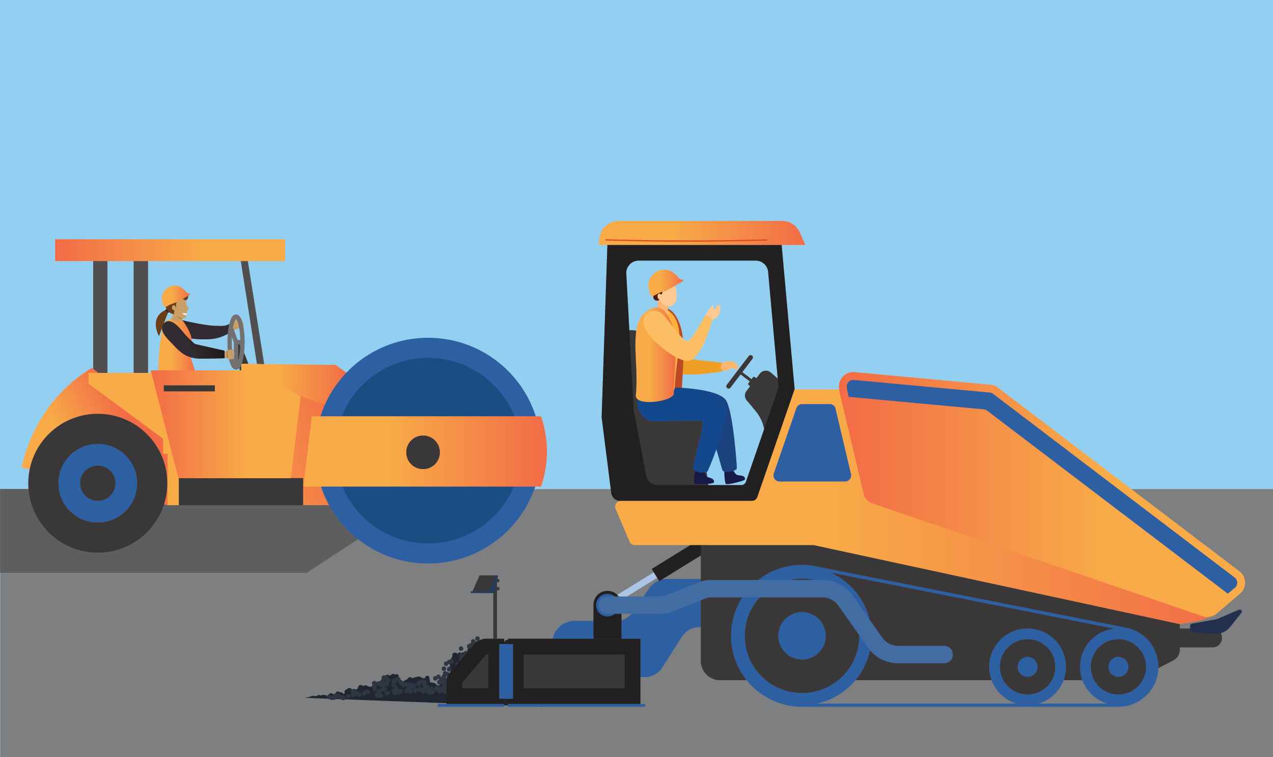 A graphic of a paver machine spreading asphalt on the road for asphalt resurfacing. A roller machine is seen in the background compacting the asphalt.