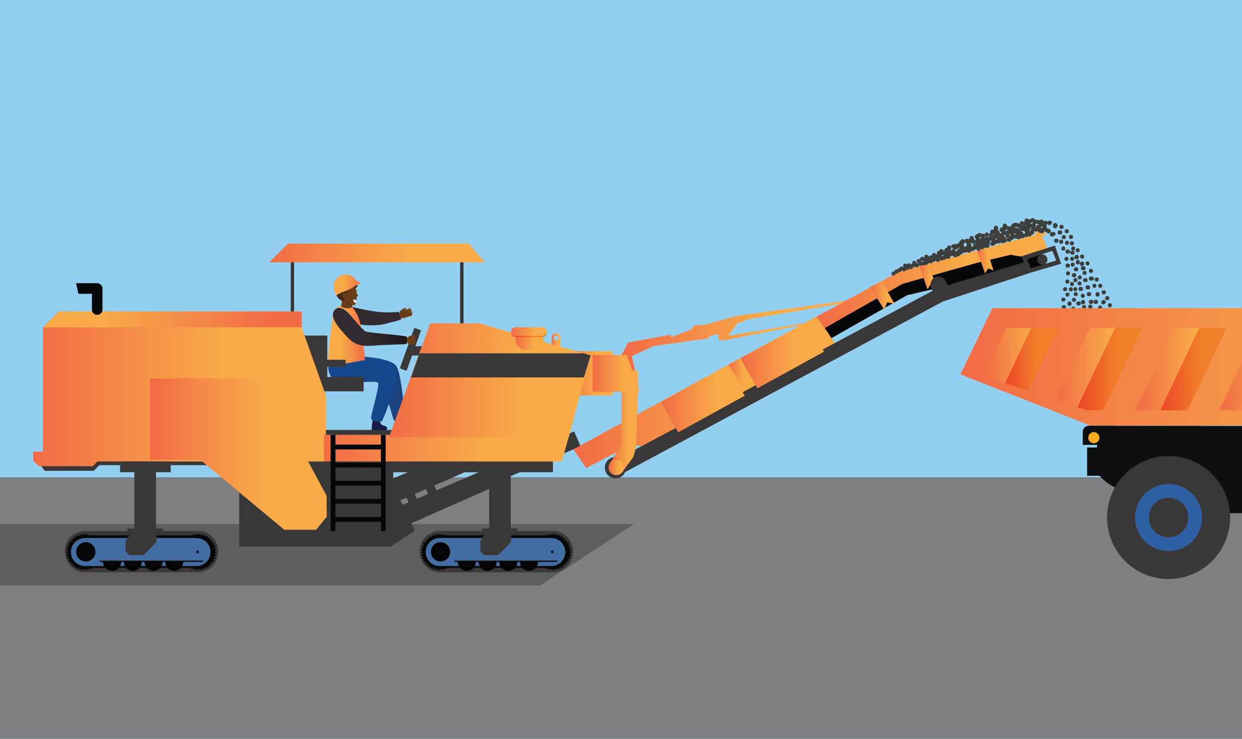 Graphic of a profiling machine grinding up the old road surface and transferring the material on a conveyer into a truck