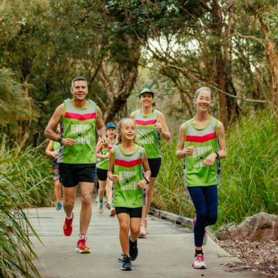 a group of people running