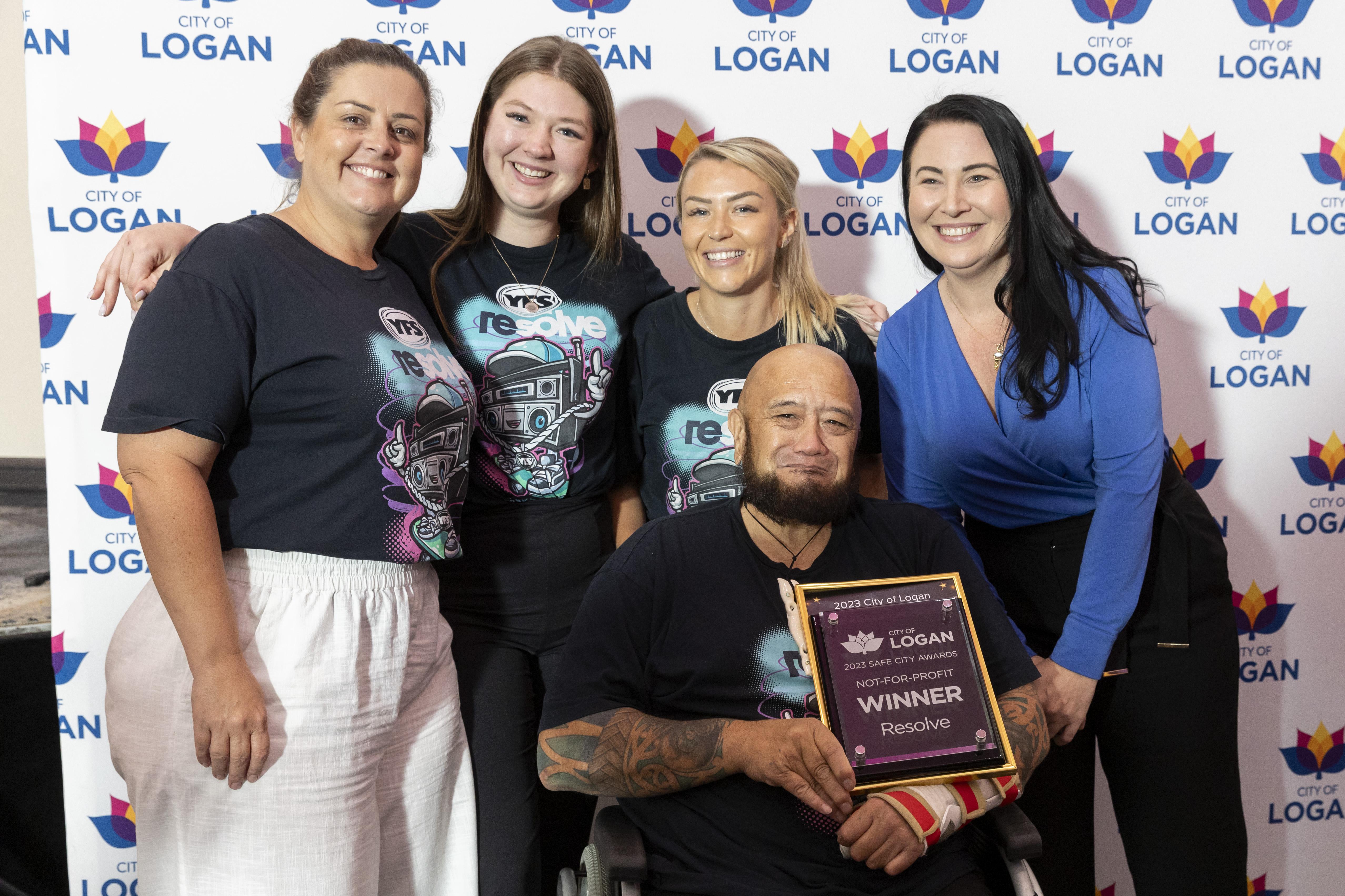Not-For-Profit category winner Kia Bowen, Chloe Hall, Vicky Allen and James Tehuia from Resolve with Cr Mindy Russell at City of Logan Safe City Awards