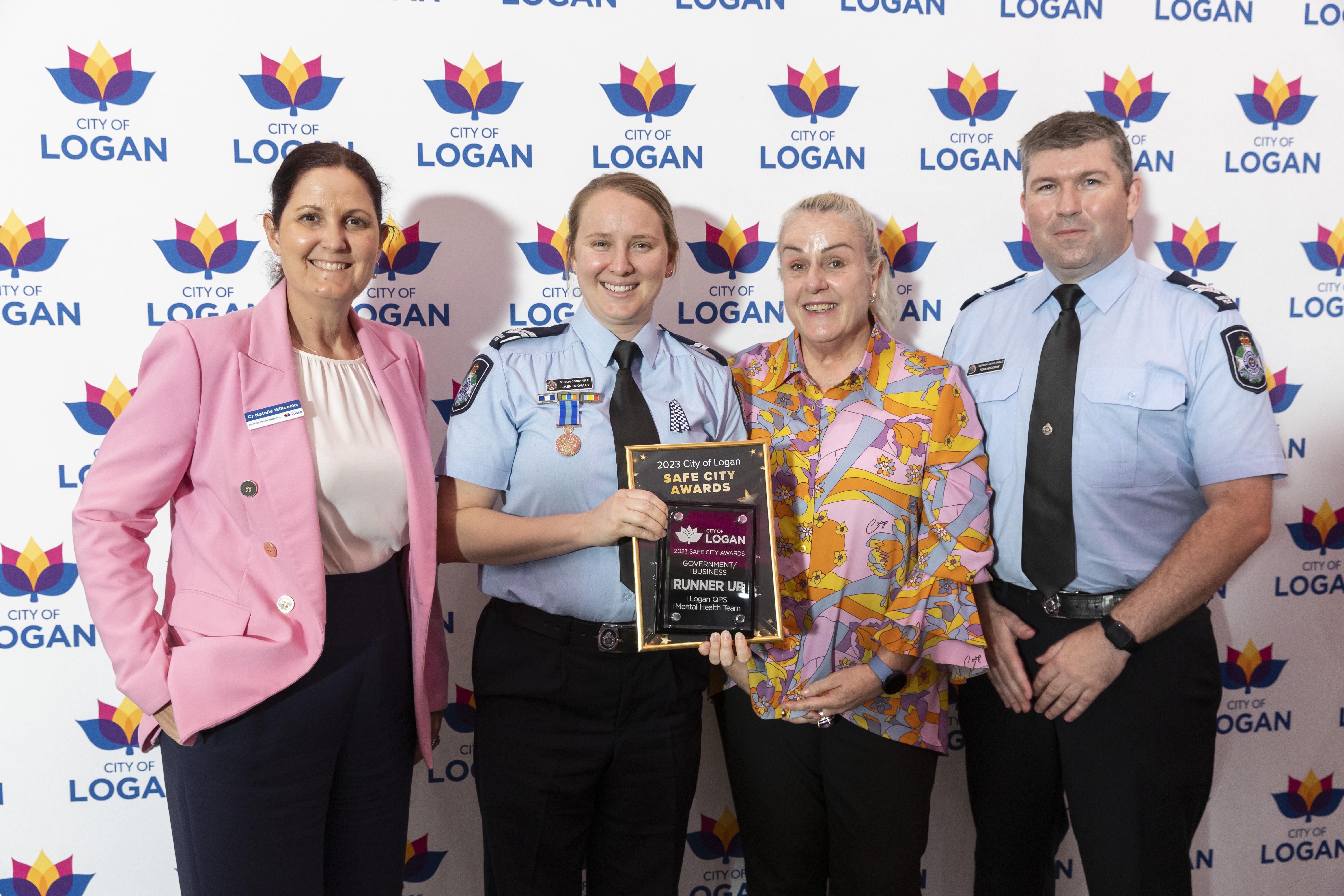 Government/Business category runner-up Loren Crowley, Megan Ward and Tom Wiggins from Logan QPS Mental Health Team with Cr Natalie Willcocks at City of Logan Safe City Awards