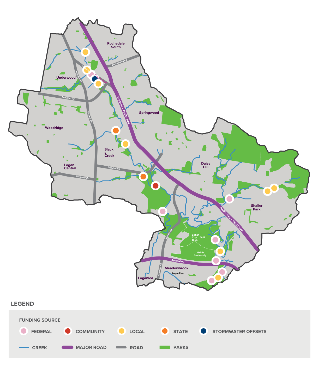 Slacks creek catchment map. Ten revitalisation project activity sites are shown. For a comprehensive explanation of this map please contact Council.