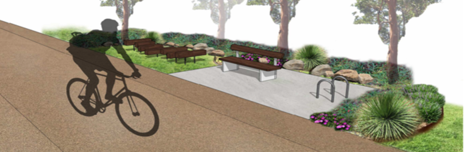 Concept art showing a silhouette of a person on a bike riding on a path. Behind them is a bench and flora area