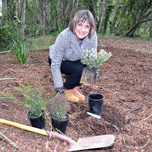 An image of Councillor Lisa Bradley with some potted plants and planting tools as she gets an early start on National Tree Day on Sunday which will include a free community planting event in Passerine Park (entry via Dorset Park) at Rochedale South.
