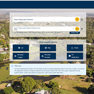 An image of the Logan Development Enquiry Tool landing page with an aerial shot of the city as the background.