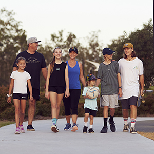 A photograph of a family walking along a pathway.