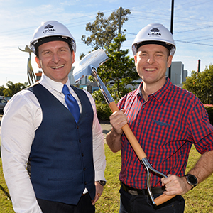 An image of Deputy Mayor Jon Raven (right) and Division 6 Councillor Tony Hall holding a shovel at today's launch of the Loganlea Road Healthy Street project.