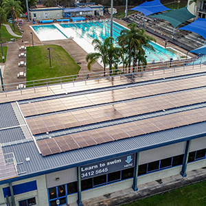 An image of some of the new solar panels on the roof of the Logan North Aquatic Centre.
