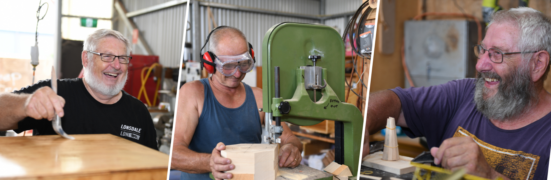 Collage of three images showing men doing woodworking