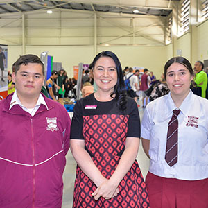 Deputy Chair Cr Mindy Russell with Beenleigh SHS students Ryan Woods (year 10) and Britney King (year 12).