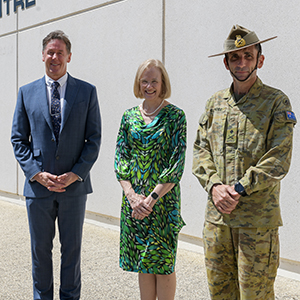 City of Logan Mayor Darren Power, Governor of Queensland Her Excellency the Honourable Dr Jeannette Young PSM and Queensland Flood Recovery Co-ordinator, Major General Jake Ellwood.