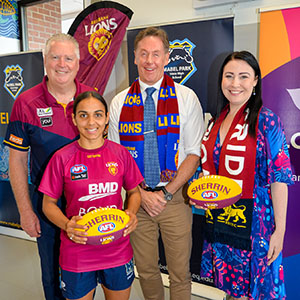 City of Logan Mayor Darren Power and Division 3 Councillor Mindy Russell with Brisbane Lions CEO Greg Swann and Brisbane Lions AFLW star Courtney Hodder.