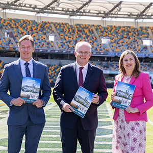 City of Logan Mayor Darren Power at the SEQ City Deal signing on Monday with the Prime Minister Scott Morrison and Queensland Premier Annastacia Palaszczuk.