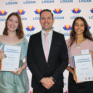 Deputy Mayor Jon Raven, with Tertiary Education Bursary recipient Alexia Wicking and Game On for Women Bursary recipient Melisa Lawrie.