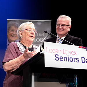 The City of Logan's 2019 Senior Ambassador Joan Mitchell speaks to attendees at Logan Loves Seniors Day. This year's event has been postponed until Friday, October 22.