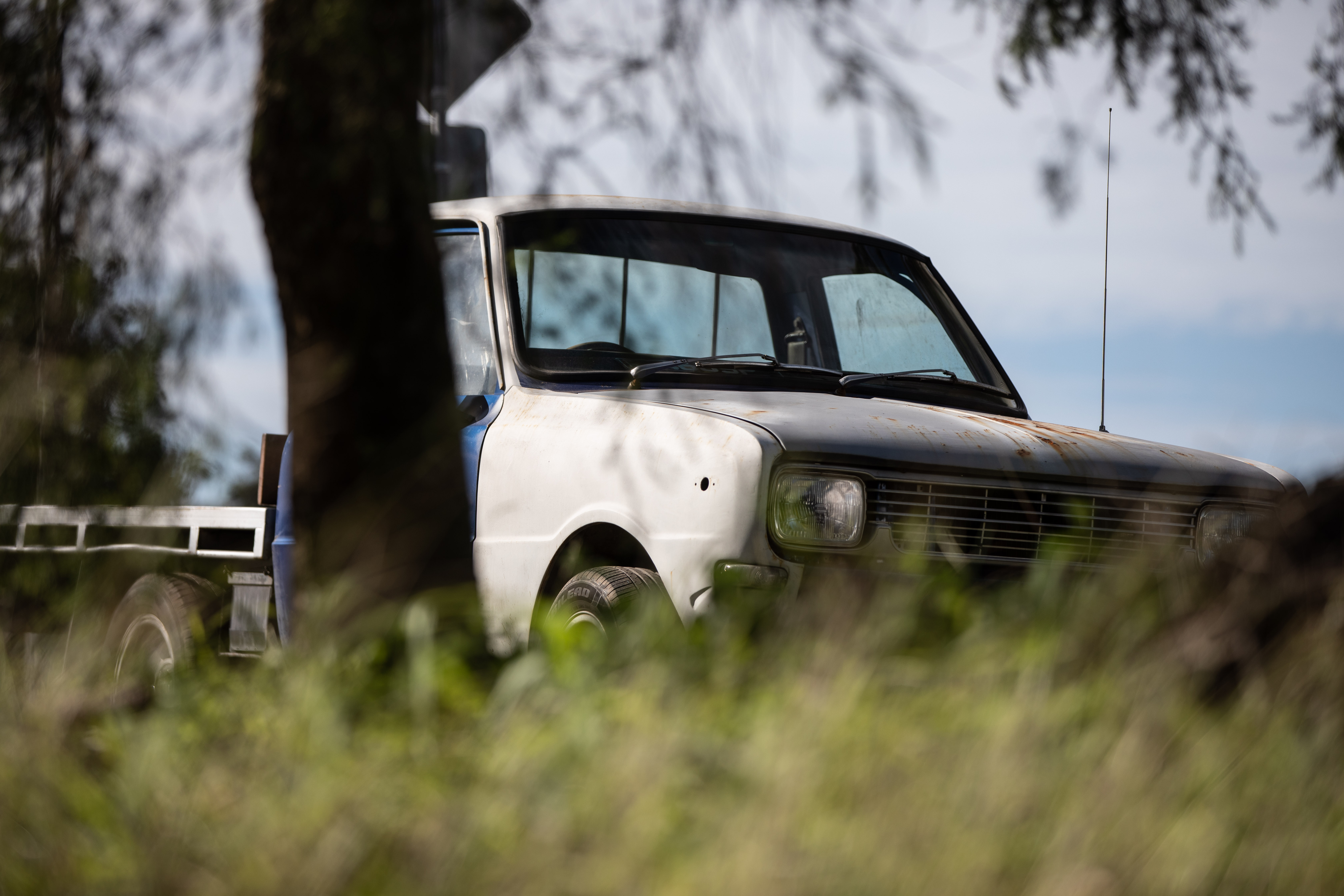 A rusted flatback ute.