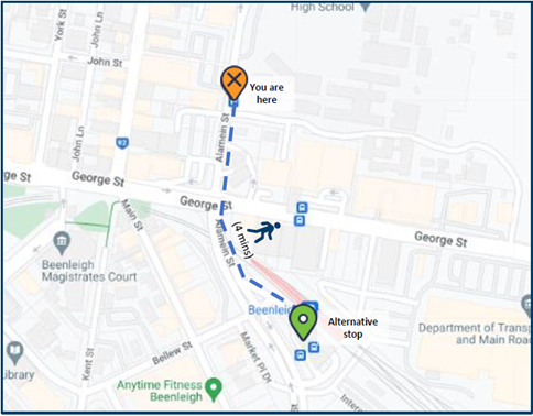 Map showing bus stop closure on Alamein Street at Beenleigh High School (Stop ID 310165) on route 553 until Friday 14 March 2025. Alternative stop at Beenleigh station, stop B, Beenleigh (Stop ID 310035).