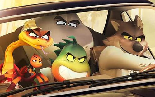 Group of animal characters in a car