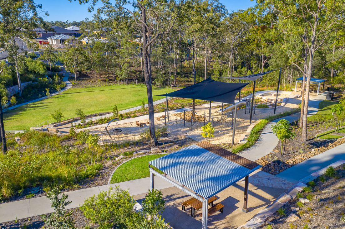 An aerial view of the park showing the different areas of barbeque areas, playground areas and parkland