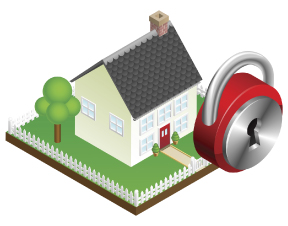 Animated house with a red padlock hovering in front of it