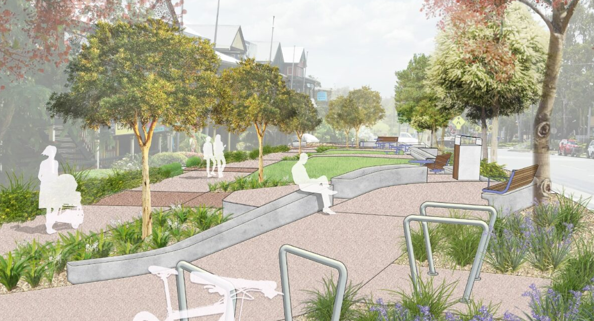 A stylised image of the streetscape project showing new paths and grassed areas with established trees and gardens and bike racks