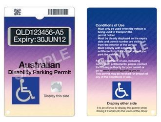 Sample Australian Disability Parking Permit front and back