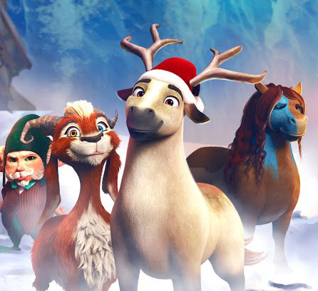 Reindeer wearing a Christmas hat with several other movie characters standing close by