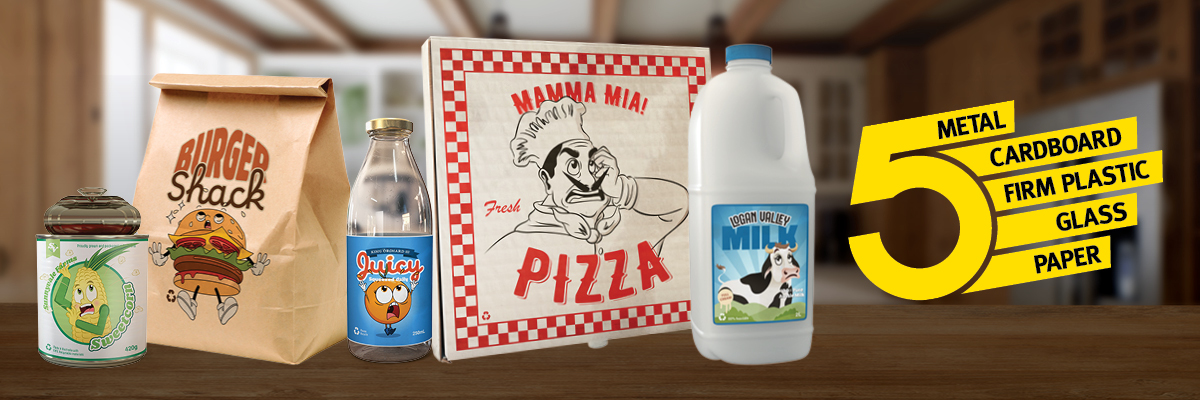 Tin can, paper bag, glass bottle, cardboard pizza box and plastic milk bottle