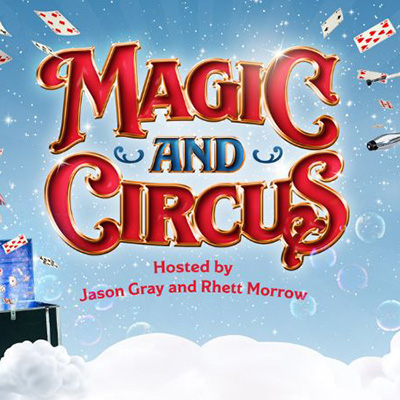 Magic and Circus Show Hosted by Jason Gray and Rhett Morrow post with hosts on unicycle juggling, deck of cards, bubbles and box