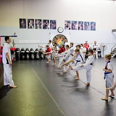 Children and instructor lined up at a marital arts centre