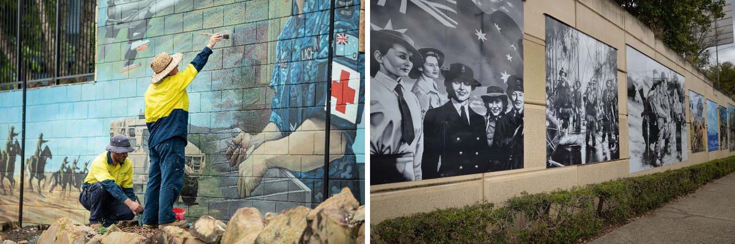 On the left two men in Council uniforms paint a mural on a wall. On the right, black and white vintage murals are painted on a wall.