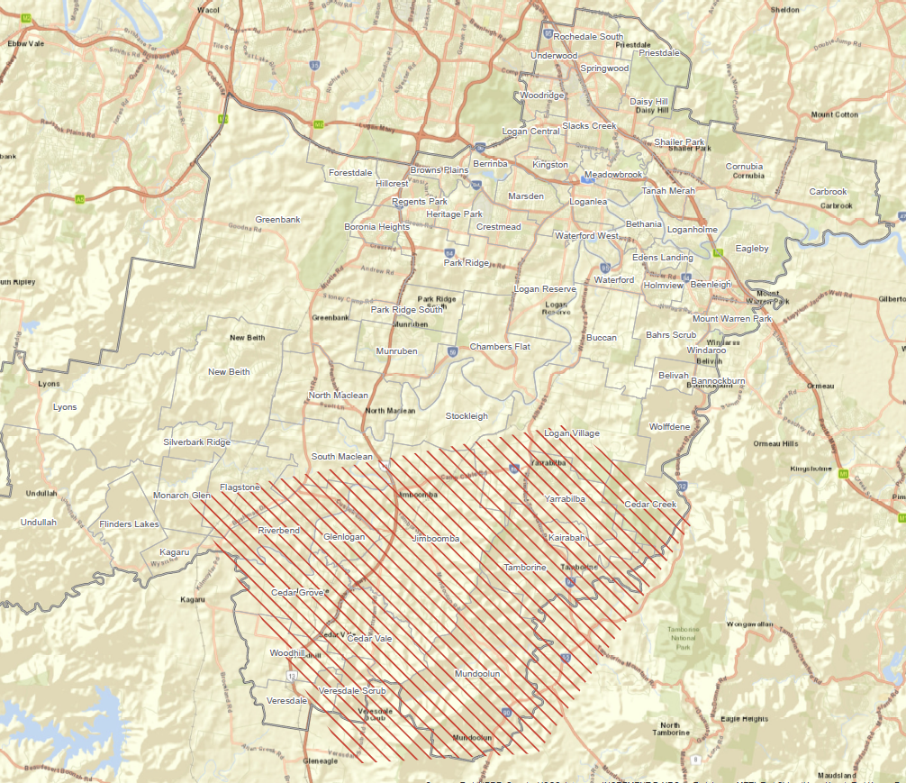 A map of the city of Logan highlighting the areas for clean up in Yarrabilba, Jimboomba, Tamborine, Cedar Grove, Cedar Vale, Woodhill, Veresdale Scrub and Mundoolun