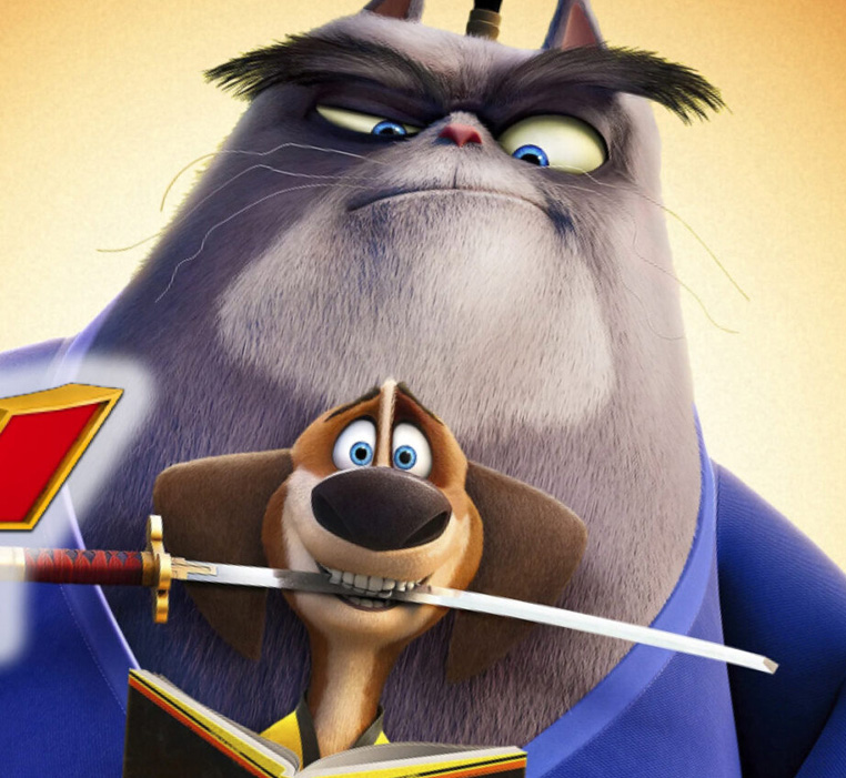 Large cartoon cat standing over a small dog holding a sword in its mouth
