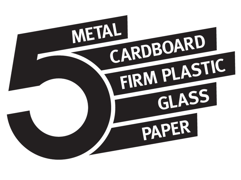 Number 5 with list of recyclable items metal, cardboard, firm plastic, glass and paper listed