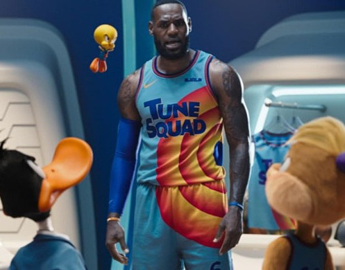 Basketball player and Disney characters standing and chatting
