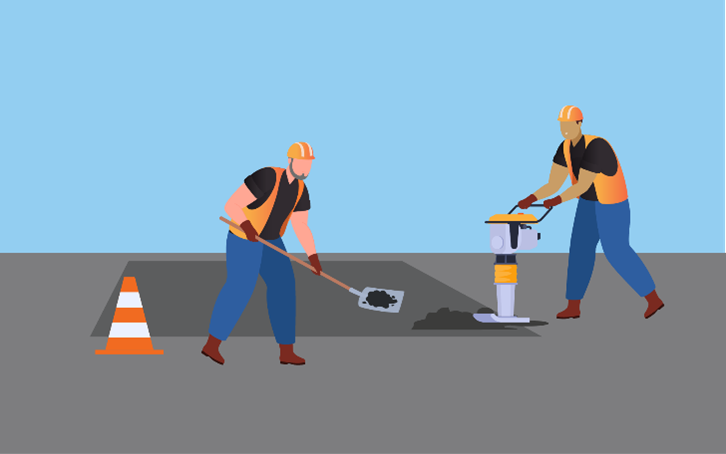 Graphic of two men working to fix defects before a spray seal is applied
