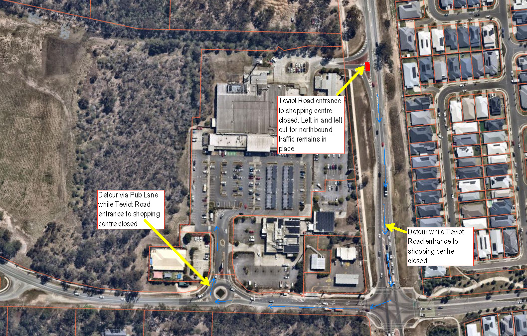 Satellite view map showing roadworks staging during a partial Teviot Road intersection closure