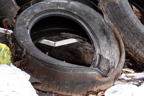 Worn out tyre sits amongst other dumped rubbish