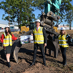 A photograph of  Logan City Council Mayor Darren Power with City Lifestyle Committee Chairperson Laurie Koranski and Division 3 Councillor Mindy Russell at the sod turning for the Cronulla Park development in Slacks Creek today.