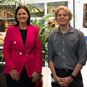 Councillor Natalie Willcocks with trainees Josh Clarke (left) and Ryan McCorkindale.